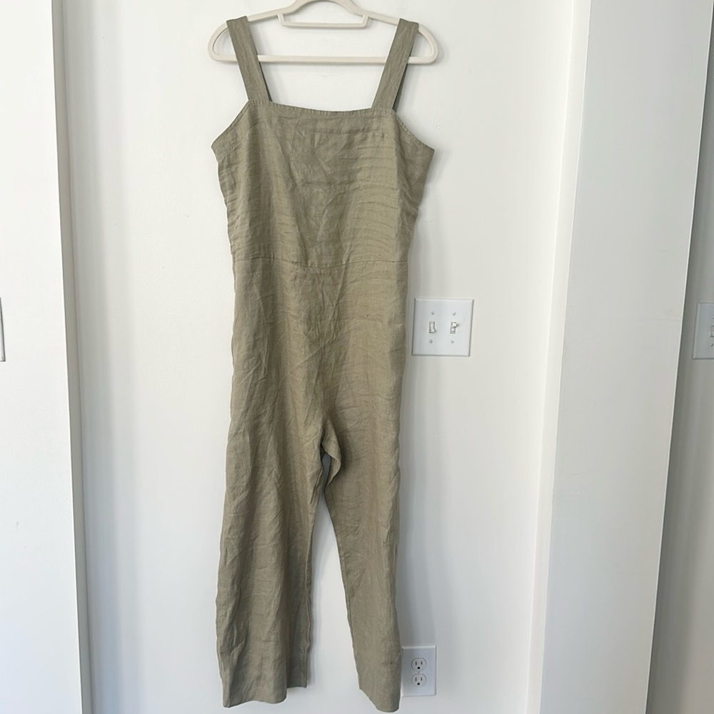 Women’s Beige Linen Jumpsuit - Sleeveless Wide-Strap